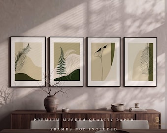 May include: A set of four rectangular wall art prints featuring botanical line drawings of ferns and leaves in dark green and black against beige and olive backgrounds. The text at the bottom reads PREMIUM MUSEUM QUALITY PAPER FRAMES NOT INCLUDED.