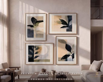 May include: A set of four framed wall art prints featuring abstract botanical illustrations in shades of dark blue, sage green, and beige. The prints display stylized leaves and circular shapes against soft, neutral-toned backgrounds.