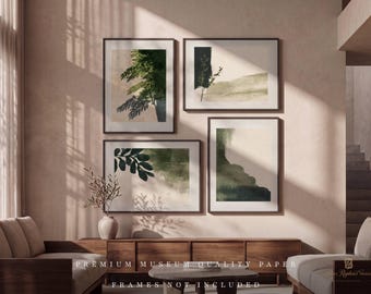 May include: A set of four framed wall art prints featuring abstract botanical and landscape compositions in shades of forest green, olive, and cream. The artwork displays leafy silhouettes, textured brushstrokes, and organic shapes on paper.