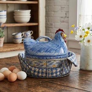 May include: A blue ceramic chicken-shaped casserole dish with a red comb and yellow beak, resting in a wire basket with a blue and white checkered cloth. Brown eggs are scattered on a wooden table. A white pitcher with flowers is nearby.