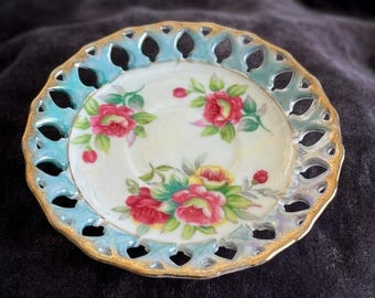 Vintage Norcrest China Nut Dish | Iridescent Lusterware Roses, Reticulated Plate
