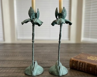 Vintage Art Nouveau Style Verdigris Iris Candlesticks - Pair