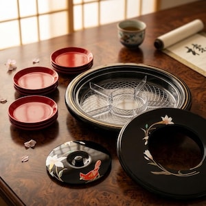Elegant Vintage Japanese Lacquerware Lazy Susan Set - Cardinal & Lily Motif