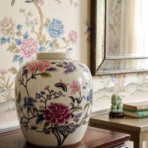 May include: A cream-colored ceramic ginger jar featuring a hand-painted floral pattern with pink, purple, and blue peonies, green leaves, and a small black butterfly. The jar has a matching lid and a subtle crackle glaze finish on its surface.