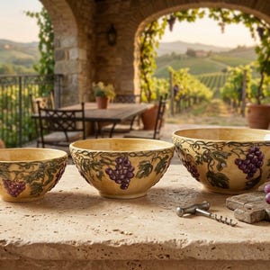 May include: Three decorative ceramic bowls with a grape and vine design. The bowls are beige with a detailed pattern of green leaves and purple grapes. A wooden cutting board with grapes and a corkscrew are also present.