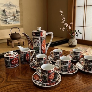 May include: A Japanese-style tea set with a teapot, creamer, sugar bowl, and six cups and saucers. The set features a black, red, and white design with landscape and floral motifs. The set is displayed on a wooden table.
