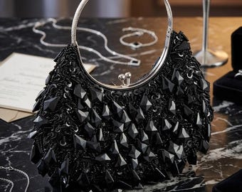 Vintage Beaded Evening Clutch | Black Gemstone Statement Bag with Bangle Handle