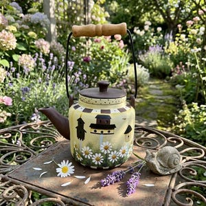 Vintage-Style Hand-Painted Birdhouse & Daisies Ceramic Decorative Teapot