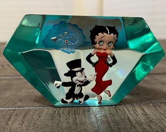Vintage Betty Boop & Bimbo Faux Emerald Resin Paperweight - 1990s