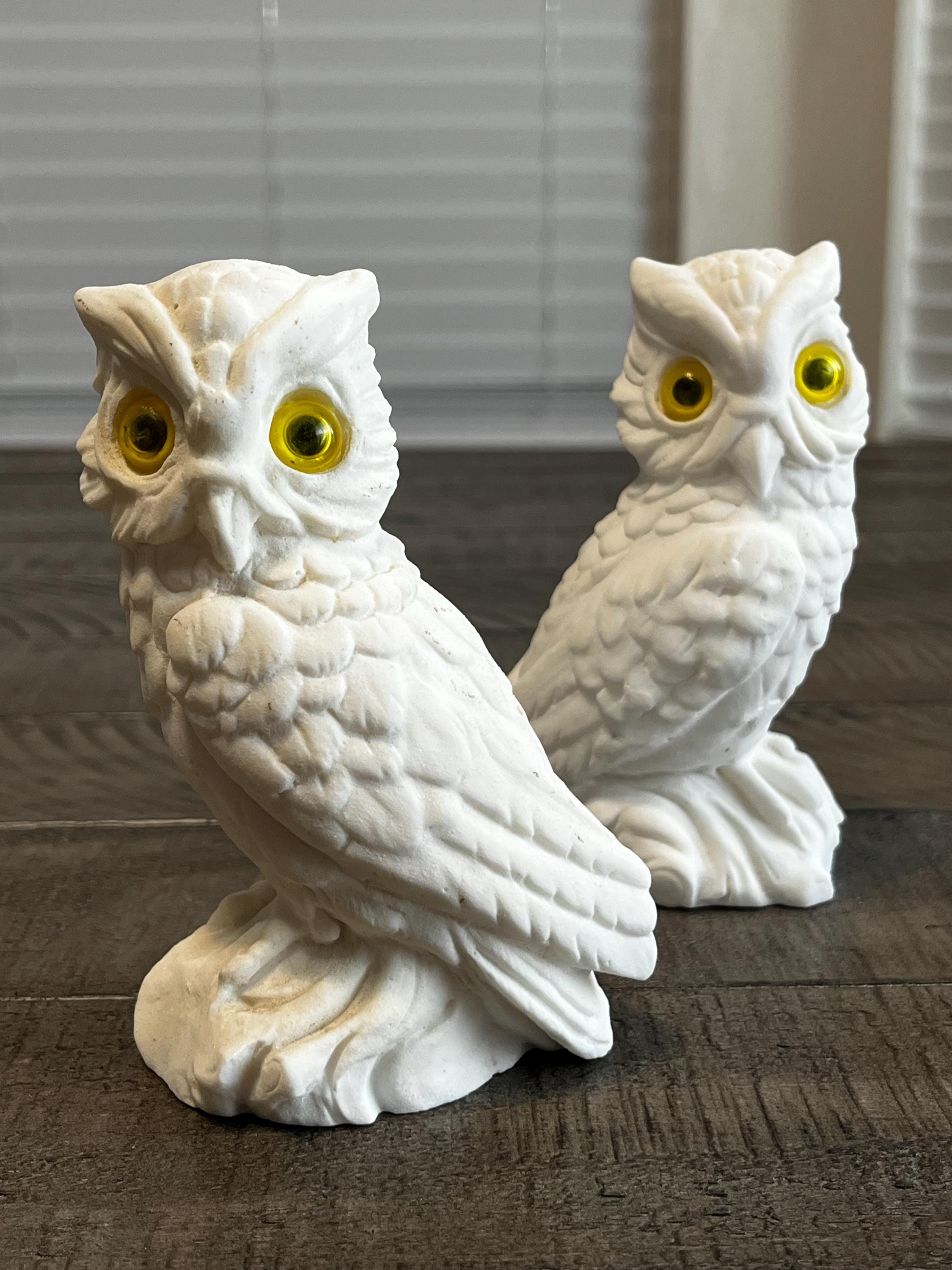 Vintage-Style White Owl Figurine Set - Pair of Snowy Owls with Yellow Eyes