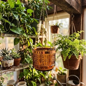 Vintage Amber Glass Hanging Planter with Original Wall Bracket