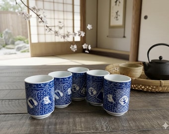 Vintage Blue & White Japanese Yunomi Tea Cups - Set of 5
