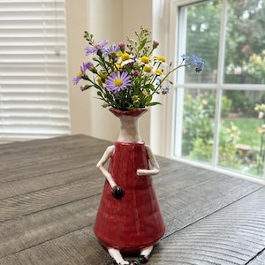 Whimsical Hand-Sculpted Ceramic "Lady in Red" Bud Vase