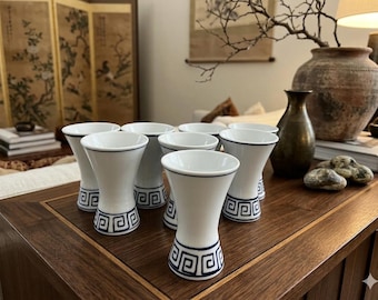 Vintage Greek Key Blue & White Flared Pedestal Cups - Set of 8