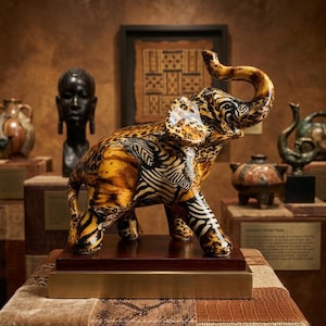 May include: A ceramic elephant figurine featuring a glossy finish with a mixed pattern of black and white zebra stripes and brown and black leopard spots. The elephant stands on a rectangular dark wood base atop a metallic gold platform.