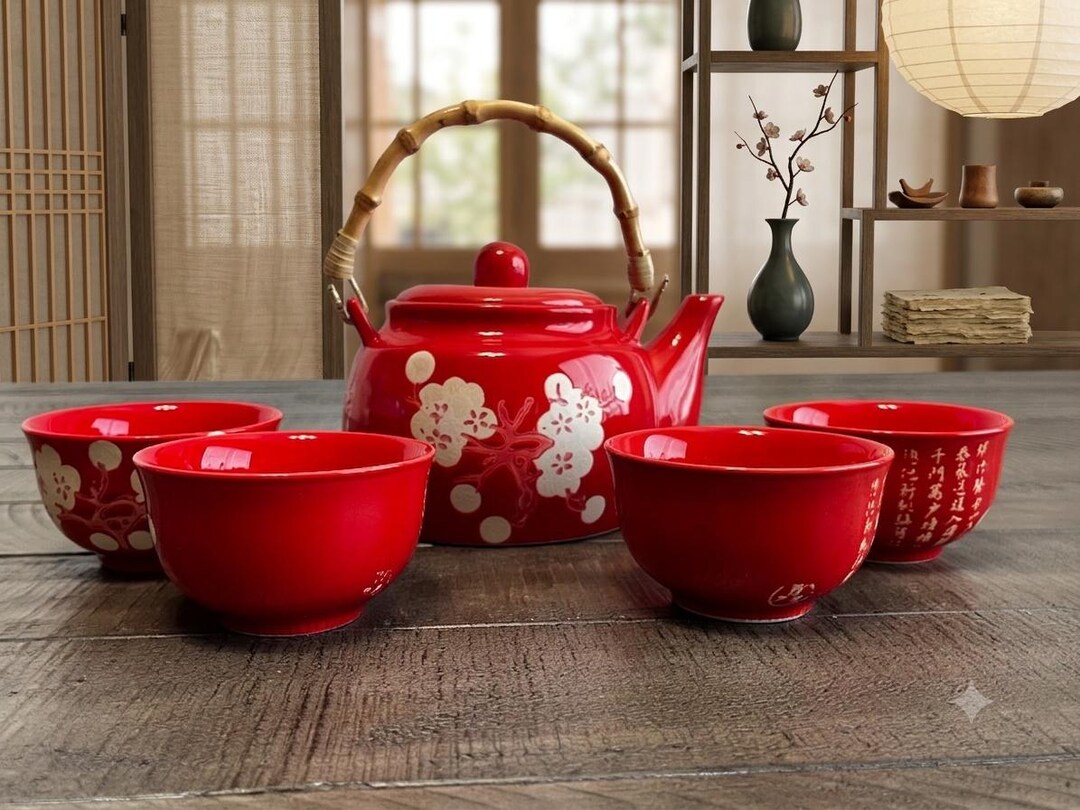 Vintage Red Ceramic Tea Set With Bamboo Handle - Etsy