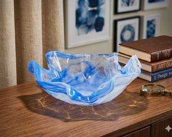 Hand-Blown Art Glass Ruffled Bowl – Cobalt Alabaster Swirl Centerpiece