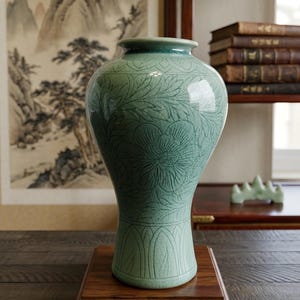 Vintage Korean Celadon Vase – Carved Peony Crackle Glaze Artisan Pottery 9"