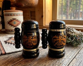 Vintage Hand-Carved Wooden Salt & Pepper Shakers - Native American Inspired