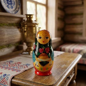 May include: A wooden nesting doll featuring a painted figure with a black head covering, a yellow face, and a floral design on the chest. The doll wears a black and yellow dress with red roses and holds a small loaf of bread in its hands.