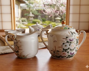Vintage Taware Japan Floral Creamer and Sugar Bowl Set with Gold Trim