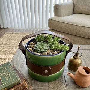 Handcrafted Ecuadorian Ceramic Planter with Removable Leather Handle