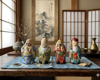 Seven Lucky Gods 七福神 雅俊 骨董 置物 Figurine Complete Set of Seven Lucky Gods, Celluloid Plastic, Vintage