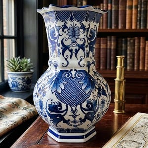 Vintage Seymour Mann "China Blue" Fine Porcelain Vase, Chinoiserie Hexagonal Fluted Scalloped Vase