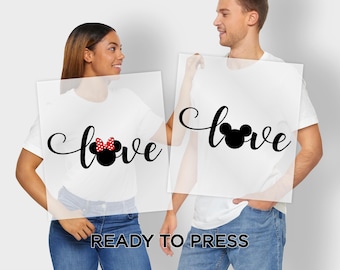 Script Love Mickey and Minnie Ready To Press Dtf, Valentine Love Print Transfer, Heat Press, Disney Couple Shirt