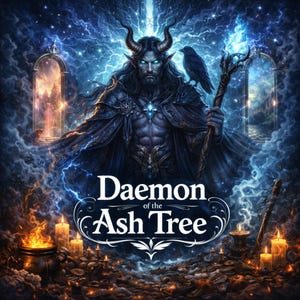 May include: Digital artwork featuring a horned figure with blue skin, a raven, and a staff, set against a backdrop of lightning and a castle. The text "Daemon of the Ash Tree" is prominently displayed. Candles and a cauldron add to the fantasy theme.