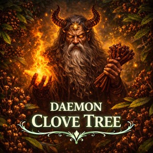Puede incluir: Ilustración de una figura con cuernos y larga barba blanca, sosteniendo fuego en una mano y un manojo de palos en la otra. El texto "DAEMON CLOVE TREE" se muestra en una fuente estilizada, con un adorno decorativo debajo.