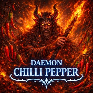 Könnte beinhalten: Digitales Kunstwerk eines gehörnten Dämons in Flammen, der eine flammende Waffe hält, umgeben von Flammen und Chilischoten. Der Text "DAEMON CHILLI PEPPER" wird in einem blauen Banner mit weißer Verzierung angezeigt.