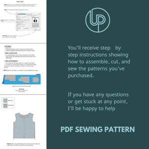 May include: A teal PDF sewing pattern guide with instructions for assembling, cutting, and sewing patterns. The guide includes fabric requirements, suggestions, and diagrams. The text says, "You'll receive step by step instructions..."