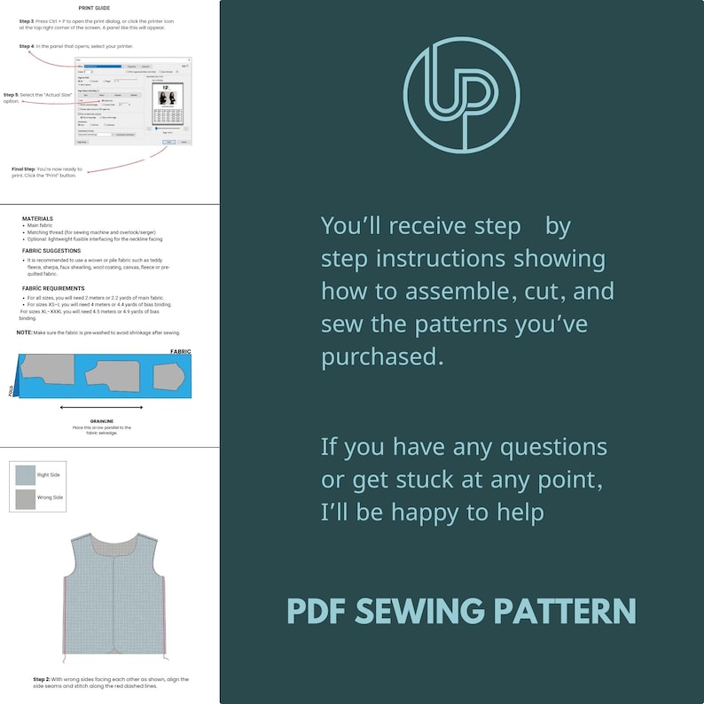 May include: A teal PDF sewing pattern guide with instructions for assembling, cutting, and sewing patterns. The guide includes fabric requirements, suggestions, and diagrams. The text says, "You'll receive step by step instructions..."