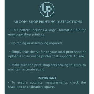May include: Dark teal graphic with white text: "AO COPY SHOP PRINTING INSTRUCTIONS." Instructions include using an A0 file for easy printing, no taping, and to ensure accurate measurements, check the scale box. A logo is at the top.