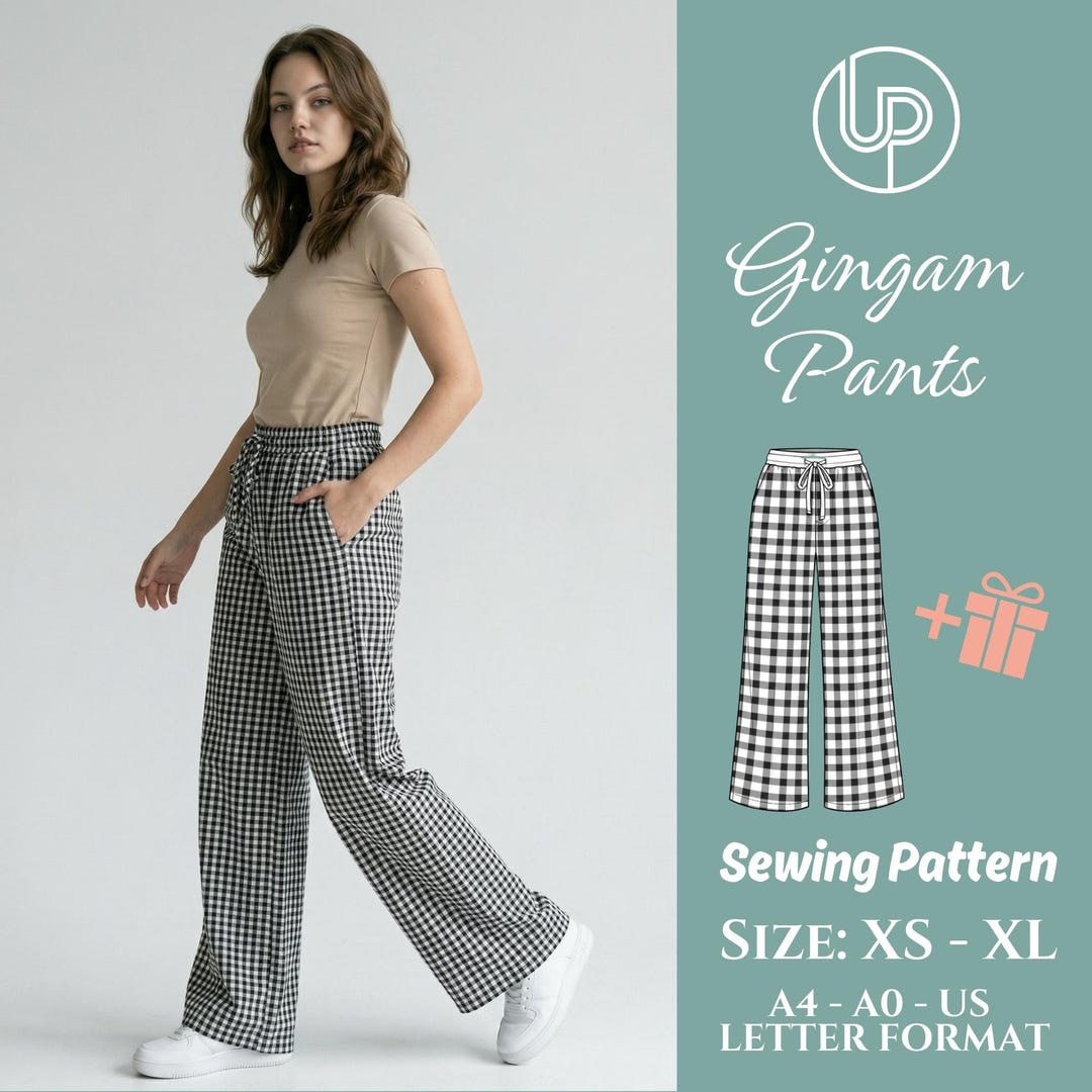 Gingham Pants Sewing Pattern PDF | Wide Leg Pants Pattern | Drawstring ...