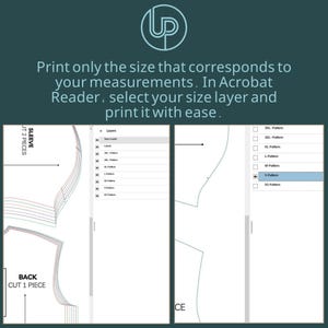 May include: A digital sewing pattern with instructions. The image shows a pattern layout with size options and the text "Print only the size that corresponds to your measurements. In Acrobat Reader, select your size layer and print it with ease."