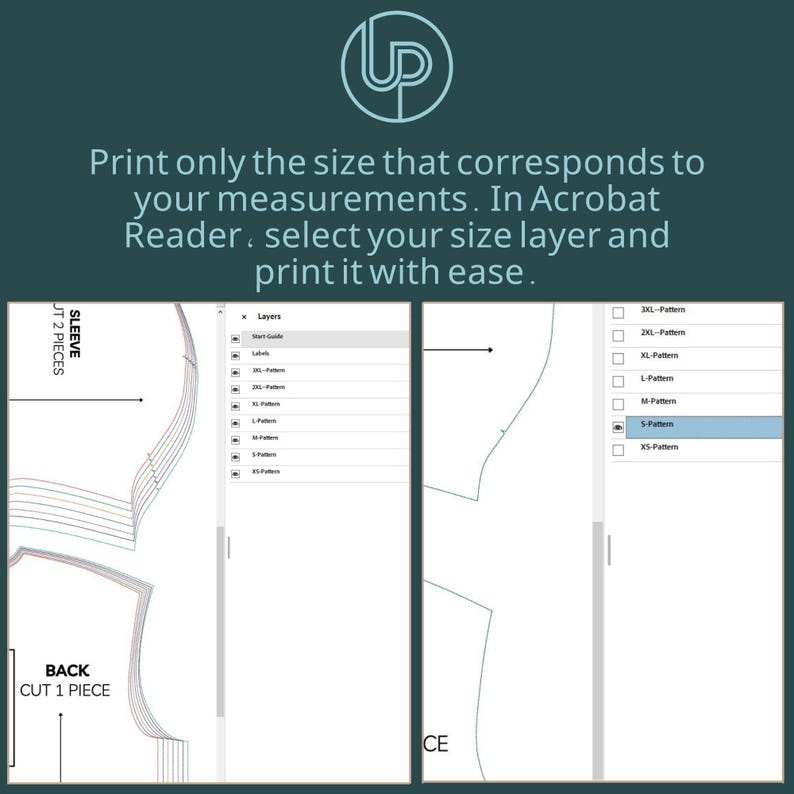 May include: A digital sewing pattern with instructions. The image shows a pattern layout with size options and the text "Print only the size that corresponds to your measurements. In Acrobat Reader, select your size layer and print it with ease."