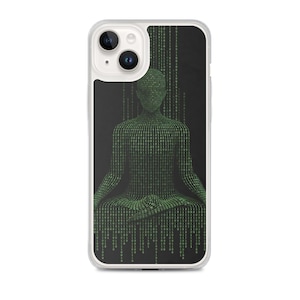 May include: Clear phone case with a black background and a green digital code design. The design shows a human figure in a meditative pose, made of binary code. The phone case has a dual-camera cutout and a clear bumper.