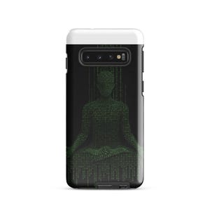 May include: Black phone case with a digital art design. The image shows a person in a meditative pose, created from green binary code on a black background. The phone case has a white top and a black bottom.