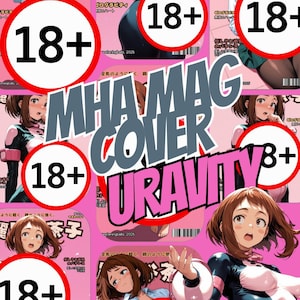 以下が含まれることがあります： 「MHA MAG COVER URAVITY」の文字が入った、アニメスタイルの雑誌の表紙のコラージュ。各表紙には女性キャラクターと「18+」のシンボルが描かれています。背景はピンク色で、日本語のテキストが添えられています。