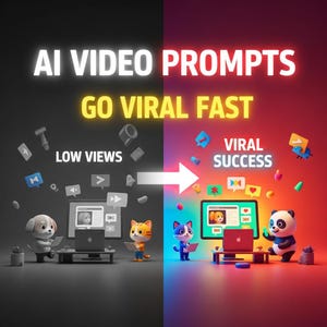 Op de afbeelding: Illustratie met de tekst "AI VIDEO PROMPTS GO VIRAL FAST." De afbeelding contrasteert "LOW VIEWS" met "VIRAL SUCCESS." Cartoon dieren gebruiken laptops, omringd door social media iconen. De achtergrond loopt over van donker naar levendig rood.