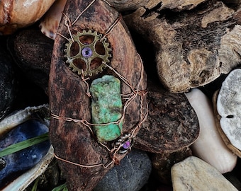 Wire wrap Driftwood pendant from Costa Rica with Apatite stone and steampunk findings