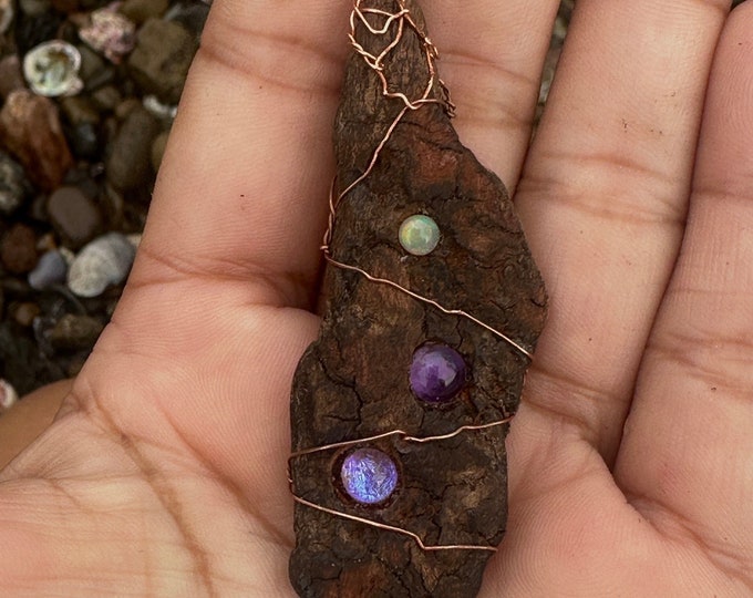 Driftwood Pendant: Wire-Wrapped Costa Rican Beauty with Amethyst and Dichroic Glass Cabochon