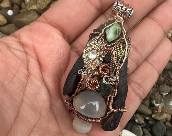 Wire-Wrapped Costa Rican Driftwood Agate Mushroom Pendant necklace