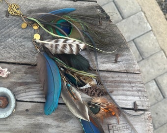 Extra long Feather Hair clip with ethically sourced Blue and Gold Macaw, rooster, Peacock, duck and Pheasant feathers