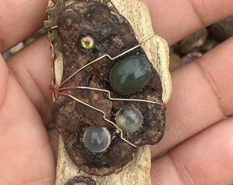 Wire-Wrapped Costa Rican Driftwood Pendant necklace with opal, tigers eye and hawaiian opihi shell