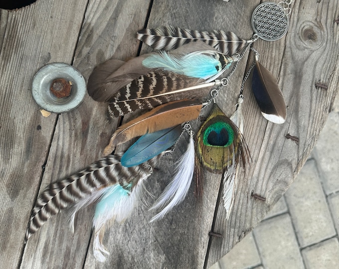 Extra long Feather Hair clip with ethically sourced Macaw, duck, rooster, Peacock and Pheasant feathers