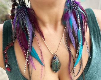 Extra long turquoise, purple and natural Feather Dreamcatcher earrings