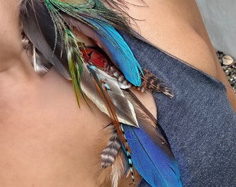 Extra long Feather Hair clip with ethically sourced Macaw Peacock and Pheasant feathers